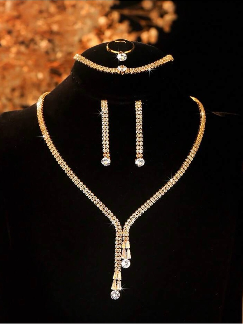 Elegant Gold Crystal Bridal Jewelry Set - Necklace, Earrings & Bracelet